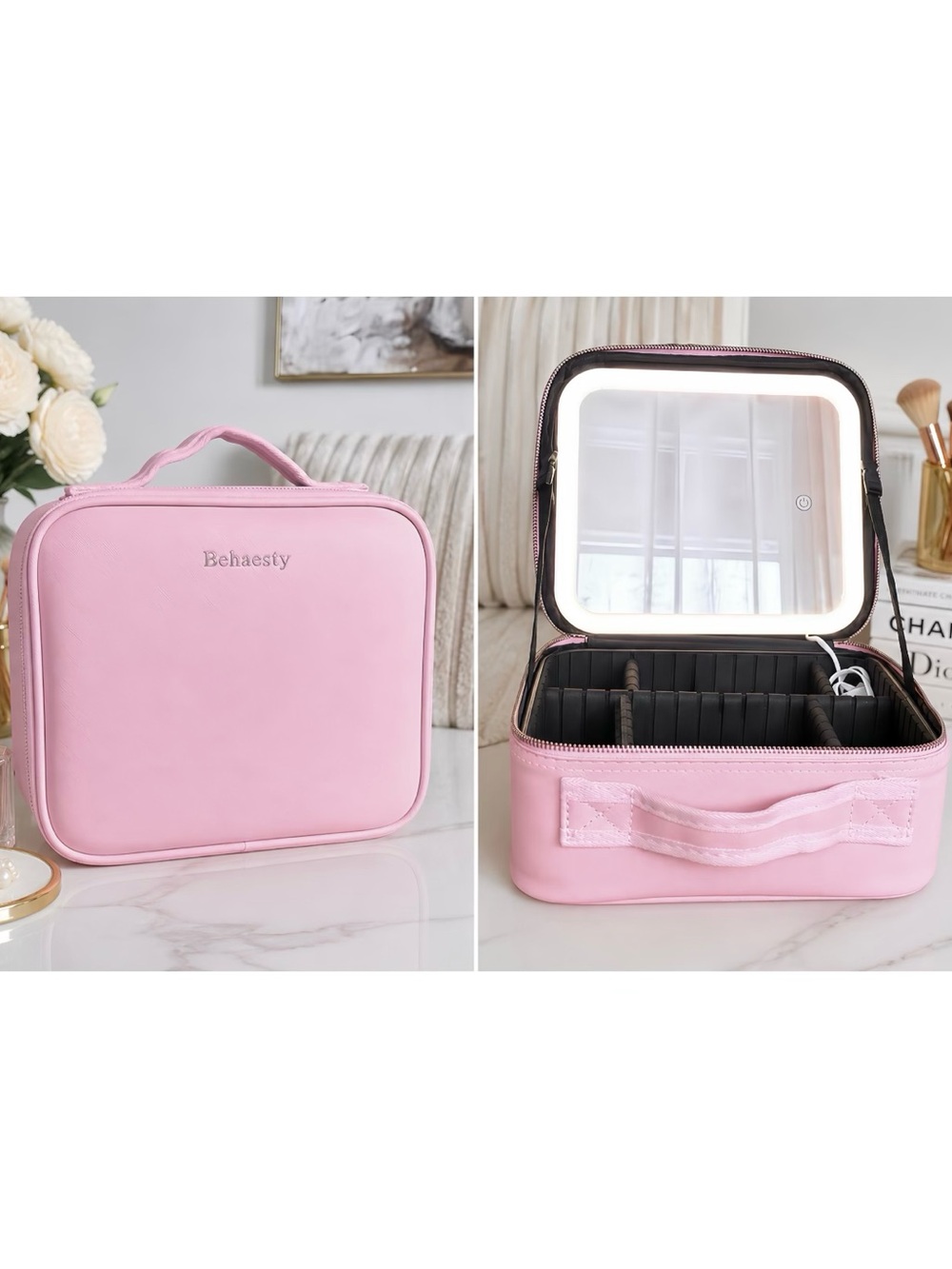 Behaesty Travel Makeup Case Organizer w/ LED Lighted Mirror, Rechargeable, Pink